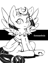 Size: 728x963 | Tagged: safe, artist:hobilo, character:somnambula, species:pegasus, species:pony, g4, black and white, female, grayscale, headdress, looking at you, mare, monochrome, simple background, solo, white background