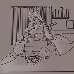 Size: 2000x2000 | Tagged: safe, artist:mdwines, species:pony, bed, book, bookshelf, commission, controller, food, night, pillow, pizza, solo, tongue out, video game, your character here
