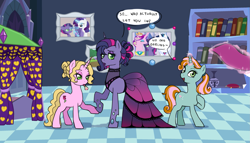 Size: 2191x1250 | Tagged: safe, artist:pikokko, character:princess cadance, character:rarity, character:shining armor, oc, oc only, oc:bloody rose, oc:needle, oc:prince(ss) quasimodo quartz, parent:prince blueblood, parent:queen chrysalis, parent:rarity, parent:shining armor, parent:snips, parent:sweetie belle, parents:rariblood, parents:shining chrysalis, parents:sweetiesnips, species:changepony, species:pony, species:unicorn, ship:shiningcadance, bedroom, clothing, dialogue, dress, female, hybrid, interspecies offspring, male, mare, mouth hold, next generation, offspring, shipping, speech bubble, straight, trans female, transgender