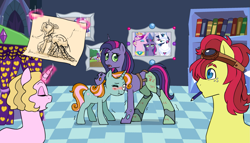 Size: 2191x1250 | Tagged: safe, artist:pikokko, character:princess cadance, character:shining armor, oc, oc only, oc:bloody rose, oc:cortland, oc:needle, oc:prince(ss) quasimodo quartz, parent:applejack, parent:caramel, parent:prince blueblood, parent:queen chrysalis, parent:rarity, parent:shining armor, parent:snips, parent:sweetie belle, parents:carajack, parents:rariblood, parents:shining chrysalis, parents:sweetiesnips, species:changepony, species:pony, species:unicorn, ship:shiningcadance, amputee, bedroom, female, glowing horn, goggles, hybrid, interspecies offspring, male, mare, mouth hold, offspring, one eye closed, pencil, prosthetic limb, prosthetics, shipping, stallion, straight, trans female, transgender