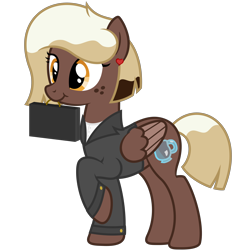 Size: 4688x4688 | Tagged: safe, artist:besttubahorse, oc, oc:sweet mocha, species:pegasus, species:pony, absurd resolution, alternate hairstyle, briefcase, business suit, clothing, cute, ear piercing, female, freckles, manecut, mare, mochabetes, mouth hold, ocbetes, piercing, raised hoof, simple background, solo, suit, transparent background, vector