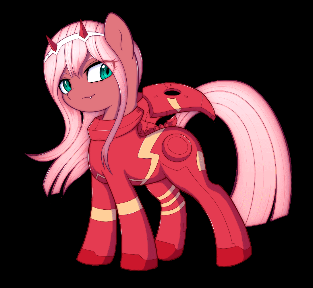 Size: 1090x1004 | Tagged: source needed, safe, artist:kas92, species:earth pony, species:pony, animated, black background, bodysuit, darling in the franxx, devil horns, fangs, female, headband, horns, lidded eyes, looking at you, mare, ponified, simple background, smiling, smirk, solo, windswept mane, zero two (darling in the franxx)