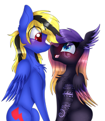 Size: 2680x3074 | Tagged: safe, artist:tomboygirl45, oc, oc only, oc:blooming lotus, oc:thunder lightning, species:pegasus, species:pony, blushing, female, high res, looking at each other, male, mare, simple background, stallion, thunming, transparent background