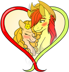 Size: 1024x1077 | Tagged: safe, artist:colourstrike, character:bright mac, character:pear butter, species:earth pony, species:pony, ship:brightbutter, blushing, bust, female, flower, flower in hair, heart, male, shipping, simple background, straight, transparent background