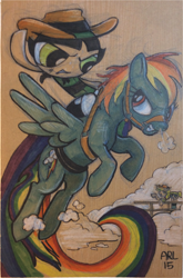 Size: 1024x1552 | Tagged: safe, artist:lytlethelemur, character:applejack, character:rainbow dash, species:pegasus, species:pony, bubbles (powerpuff girls), buttercup (powerpuff girls), cloud, crossover, fence, humans riding ponies, riding, the powerpuff girls, traditional art