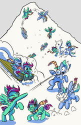 Size: 6600x10200 | Tagged: safe, artist:lytlethelemur, oc, oc only, oc:gimbal lock, oc:rally point, species:pony, comic:fly with me, absurd resolution, comic, cute, female, filly, flying, littlepartycomics, mountain, roleplaying is magic, sibling bonding, sledding, snow, snowball fight, snowpony
