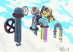 Size: 11895x8586 | Tagged: safe, artist:lytlethelemur, oc, oc only, oc:swift storm, species:pegasus, species:pony, absurd resolution, cloud, cloudsdale, liquid rainbow, pipes, thank you message