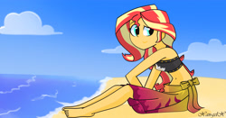Size: 3448x1800 | Tagged: safe, artist:xan-gelx, character:sunset shimmer, equestria girls:forgotten friendship, g4, my little pony: equestria girls, my little pony:equestria girls, barefoot, beach, belly button, clothing, cute, feet, female, shimmerbetes, solo, summer sunset, swimsuit