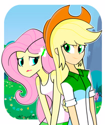Size: 2220x2658 | Tagged: safe, artist:xan-gelx, character:applejack, character:fluttershy, my little pony:equestria girls, clothing, cowboy hat, hat, smiling, stetson, tank top