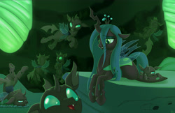 Size: 5100x3300 | Tagged: safe, artist:dmann892, character:queen chrysalis, species:changeling, changeling queen, crown, cute, cutealis, cuteling, female, flying, fourth wall, hive, jewelry, mommy chrissy, mother, regalia, smiling, wallpaper