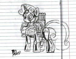Size: 1512x1185 | Tagged: safe, artist:brekrofmadness, character:sweetie belle, species:pony, species:unicorn, sweetie bot, bastion (overwatch), black and white, crossover, female, filly, foal, grayscale, hooves, horn, lined paper, monochrome, overwatch, robot, robot pony, solo, traditional art, weapon