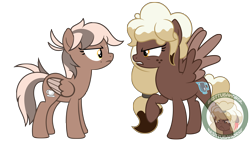 Size: 8333x4688 | Tagged: safe, artist:besttubahorse, oc, oc only, oc:chai latte, oc:sweet mocha, species:pegasus, species:pony, absurd resolution, angry, freckles, raised hoof, simple background, this will end in a fight, transparent background, vector, watermark