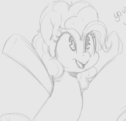 Size: 534x512 | Tagged: safe, artist:tre, character:pinkie pie, species:earth pony, species:pony, g4, arms in the air, cute, diapinkes, female, gray background, grayscale, mare, monochrome, open mouth, open smile, pacman eyes, simple background, sketch, smiling, solo, three quarter view