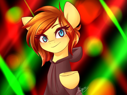 Size: 500x375 | Tagged: safe, artist:sugarberry, oc, oc only, oc:firefox, species:pony, browser ponies, clothing, cute, female, hoodie, lights, looking at you, mare, raised hoof, reaching out, smiling, solo