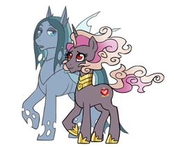 Size: 1182x1000 | Tagged: safe, artist:pikokko, oc, oc only, oc:chitin/morgenstern, oc:l'amour, parent:king sombra, parent:princess cadance, parent:queen chrysalis, parent:shining armor, parents:shining chrysalis, parents:somdance, species:changepony, species:pony, species:unicorn, duo, female, flowing mane, hybrid, interspecies offspring, male, mare, offspring, princess shoes, simple background, white background