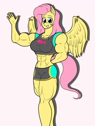 Size: 876x1161 | Tagged: safe, artist:matchstickman, character:fluttershy, species:anthro, species:pegasus, species:pony, equestria girls:forgotten friendship, g4, my little pony: equestria girls, my little pony:equestria girls, abs, biceps, breasts, busty fluttershy, clothing, female, hand behind back, hand wave, mare, muscles, muscleshy, pink background, simple background, smiling, solo, swimsuit, thunder thighs