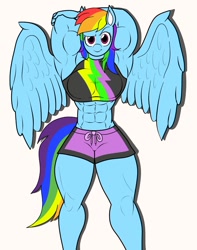Size: 916x1160 | Tagged: safe, artist:matchstickman, character:rainbow dash, species:anthro, species:pegasus, species:pony, equestria girls:forgotten friendship, g4, my little pony: equestria girls, my little pony:equestria girls, abs, armpits, biceps, board shorts, breasts, busty rainbow dash, clothing, dreamworks face, female, looking at you, mare, muscles, rainbuff dash, simple background, solo, swimsuit, thunder thighs