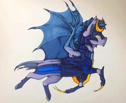 Size: 1280x1050 | Tagged: safe, artist:nightmare-moons-throneroom, species:bat pony, species:pony, armor, commission, ear fluff, flying, helmet, hoofclaw, male, metal claws, night guard, profile, simple background, solo, spread wings, stallion, traditional art, weapon, white background, wings