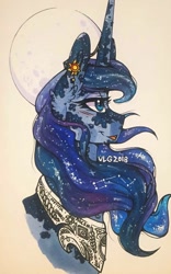 Size: 580x928 | Tagged: safe, artist:nightmare-moons-throneroom, character:princess luna, species:pony, constellation, dappled, ear piercing, earring, ethereal mane, female, galaxy mane, jewelry, mare, moon, piercing, profile, regalia, sidemouth, simple background, solo, traditional art, white background