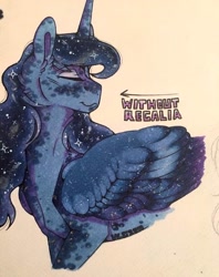 Size: 1016x1280 | Tagged: safe, artist:nightmare-moons-throneroom, character:princess luna, species:alicorn, species:pony, dappled, ethereal mane, eyes closed, female, galaxy mane, head turn, missing accessory, simple background, solo, traditional art, white background