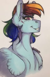 Size: 829x1280 | Tagged: safe, artist:nightmare-moons-throneroom, character:rainbow dash, species:pegasus, species:pony, blushing, ear fluff, female, grin, looking at you, mare, sidemouth, simple background, smiling, solo, traditional art, white background