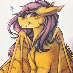 Size: 1280x1280 | Tagged: safe, artist:nightmare-moons-throneroom, character:flutterbat, character:fluttershy, species:bat pony, species:pony, ear fluff, fangs, female, floppy ears, looking at you, mare, race swap, simple background, solo, traditional art, white background, wing claws