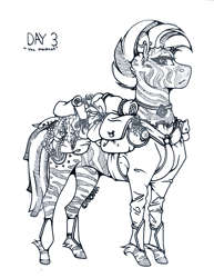 Size: 989x1280 | Tagged: safe, artist:nightmare-moons-throneroom, character:zecora, species:pony, species:zebra, bedroll, clothing, ear piercing, earring, female, flask, grayscale, harness, jewelry, looking at you, mare, monochrome, piercing, saddle bag, scroll, shirt, simple background, solo, traditional art, unshorn fetlocks, white background