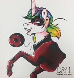 Size: 1212x1280 | Tagged: safe, artist:nightmare-moons-throneroom, character:princess celestia, species:pony, alternate hairstyle, clothing, costume, crossover, ethereal mane, female, galaxy mane, long horn, mare, miraculous ladybug, open mouth, simple background, solo, superhero, traditional art, white background