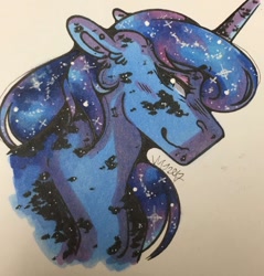 Size: 1224x1280 | Tagged: safe, artist:nightmare-moons-throneroom, character:princess luna, species:pony, blushing, dappled, ethereal mane, female, floppy ears, galaxy mane, looking at you, mare, missing accessory, sidemouth, simple background, smiling, solo, traditional art