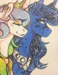 Size: 989x1280 | Tagged: safe, artist:nightmare-moons-throneroom, character:princess celestia, character:princess luna, species:pony, blushing, dappled, duo, ear fluff, ear piercing, earring, ethereal mane, eyeshadow, female, galaxy mane, jewelry, lidded eyes, makeup, mare, missing accessory, piercing, regalia, sidemouth, simple background, traditional art, white background