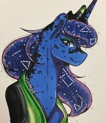 Size: 1099x1280 | Tagged: safe, artist:nightmare-moons-throneroom, character:princess luna, species:pony, aromantic, aromantic pride flag, constellation, dappled, ethereal mane, eyeshadow, female, flag, galaxy mane, jewelry, looking at you, makeup, mare, missing accessory, pride, pride flag, simple background, solo, tiara, traditional art, white background