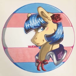 Size: 1280x1280 | Tagged: safe, artist:nightmare-moons-throneroom, character:coco pommel, species:pony, abstract background, badge, blushing, bow, bust, female, flower, flower in hair, gender headcanon, headcanon, lgbt headcanon, looking at you, mare, pride, smiling, solo, traditional art, trans female, transgender, transgender pride flag