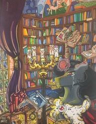 Size: 989x1280 | Tagged: safe, artist:nightmare-moons-throneroom, character:king sombra, species:pony, species:unicorn, book, bookshelf, candle, cape, clothing, crying, ear fluff, glowing horn, library, male, solo, stallion, traditional art, wip