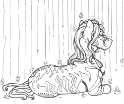 Size: 1280x1075 | Tagged: safe, artist:nightmare-moons-throneroom, character:zecora, species:pony, species:zebra, cutie mark, ear fluff, eyes closed, female, mare, on side, rain, simple background, solo, traditional art, wet mane, white background