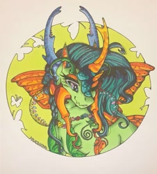 Size: 1159x1280 | Tagged: safe, artist:nightmare-moons-throneroom, character:queen chrysalis, species:changeling, species:reformed changeling, abstract background, female, flower necklace, horns, looking down, mandibles, purified chrysalis, reformed, smiling, solo, traditional art