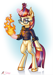 Size: 710x1000 | Tagged: safe, artist:skorpionletun, character:moondancer, species:pony, species:unicorn, belly button, female, fire, glasses, semi-anthro, simple background, solo
