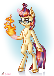 Size: 710x1000 | Tagged: safe, artist:skorpionletun, character:moondancer, species:pony, species:unicorn, belly button, female, fire, glasses, semi-anthro, simple background, solo