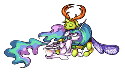 Size: 1024x590 | Tagged: dead source, safe, artist:marbola, character:princess celestia, character:thorax, species:alicorn, species:changeling, species:pony, species:reformed changeling, ship:thoralestia, crack shipping, cuddling, ethereal mane, eyes closed, female, galaxy mane, hug, lying down, male, mare, shipping, simple background, smiling, straight, transparent background