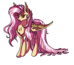 Size: 964x850 | Tagged: safe, artist:marbola, character:flutterbat, character:fluttershy, species:bat pony, species:pony, chest fluff, ear fluff, female, lidded eyes, long hair, long tail, looking sideways, mare, one wing out, race swap, raised hoof, simple background, solo, transparent background