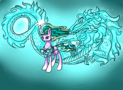 Size: 2050x1500 | Tagged: safe, artist:marbola, character:mistmane, species:dragon, species:pony, species:unicorn, bow, clothing, cutie mark, duo, female, flowing mane, glowing horn, gradient background, lidded eyes, looking at you, magic, mare