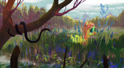 Size: 1024x562 | Tagged: safe, artist:wolfiedrawie, character:fluttershy, species:pegasus, species:pony, female, folded wings, looking sideways, mare, marsh, outdoors, reed, reeds, scenery, smiling, snake, solo, swamp, tree, water