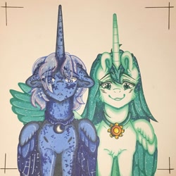 Size: 1280x1280 | Tagged: safe, artist:nightmare-moons-throneroom, character:princess celestia, character:princess luna, species:alicorn, species:pony, alternate color palette, alternate hairstyle, blushing, chest fluff, constellation, dappled, duo, ethereal mane, female, galaxy mane, jewelry, long horn, looking at you, mare, necklace, one wing out, photo, redesign, smiling, younger