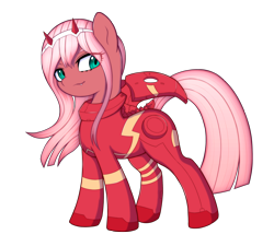 Size: 2500x2250 | Tagged: safe, artist:kas92, species:earth pony, species:pony, bodysuit, darling in the franxx, devil horns, fangs, female, headband, horns, lidded eyes, looking at you, mare, ponified, simple background, smiling, smirk, solo, transparent background, windswept mane, zero two (darling in the franxx)