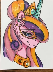 Size: 944x1280 | Tagged: safe, artist:nightmare-moons-throneroom, character:princess cadance, species:pony, alternate hairstyle, bust, crystal horn, cute, cutedance, ear fluff, ear piercing, earring, female, i really like her mane, jewelry, looking at something, mask, necklace, piercing, solo, traditional art