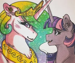 Size: 1280x1082 | Tagged: safe, artist:nightmare-moons-throneroom, character:princess celestia, character:twilight sparkle, character:twilight sparkle (alicorn), species:alicorn, species:pony, blushing, blushing profusely, color porn, cute, ear piercing, earring, horns are touching, jewelry, looking at each other, necklace, piercing, smiling, traditional art