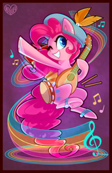 Size: 1200x1854 | Tagged: safe, artist:meekcheep, character:pinkie pie, species:earth pony, species:pony, bard, bard pie, clothing, drumsticks, fantasy class, feather, female, hat, jingle bells, lute, mare, music notes, musical instrument, solo, tambourine