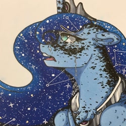 Size: 1280x1280 | Tagged: safe, artist:nightmare-moons-throneroom, character:princess luna, species:alicorn, species:pony, chest fluff, constellation, crying, dappled, ethereal mane, female, galaxy mane, jewelry, mare, open mouth, regalia, simple background, solo, white background