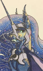 Size: 777x1280 | Tagged: safe, artist:nightmare-moons-throneroom, character:nightmare moon, character:princess luna, species:alicorn, species:pony, bat wings, crying, dappled, ear fluff, ethereal mane, fangs, female, galaxy mane, helmet, jewelry, long horn, mare, regalia, simple background, slit eyes, solo, white background, wing claws