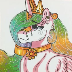 Size: 1280x1280 | Tagged: safe, artist:nightmare-moons-throneroom, character:princess celestia, species:alicorn, species:pony, ear piercing, earring, ethereal mane, female, galaxy mane, hair tie, jewelry, mare, marker drawing, piercing, regalia, simple background, solo, traditional art, white background
