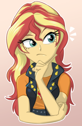 Size: 550x850 | Tagged: safe, artist:ta-na, character:sunset shimmer, g4, my little pony: equestria girls, my little pony:equestria girls, clothing, female, hand on cheek, jacket, leather jacket, solo, thinking